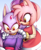 Size: 819x1000 | Tagged: safe, artist:sandopoliszone, amy rose, blaze the cat, cat, hedgehog, 2016, amy x blaze, amy's halterneck dress, blaze's tailcoat, blushing, clothes, cute, dress, female, females only, hands on shoulders, lesbian, looking at them, shipping