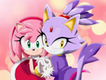 Size: 900x675 | Tagged: safe, artist:aamypink, amy rose, blaze the cat, cat, hedgehog, 2014, amy x blaze, amy's halterneck dress, blaze's tailcoat, cute, female, females only, holding hands, lesbian, looking at viewer, shipping