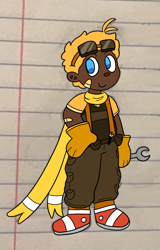 Size: 838x1306 | Tagged: safe, artist:infizero-draws, miles "tails" prower, human, bandaid, clothes, dark skin, goggles, holding something, humanized, looking at viewer, overalls, scarf, smile, solo, standing, wrench