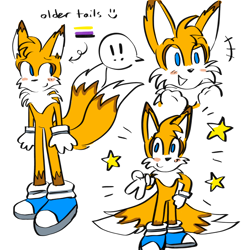 Size: 2048x2075 | Tagged: safe, artist:infizero-draws, miles "tails" prower, :), aged up, blue shoes, blushing, cute, english text, exclamation mark, nonbinary, older, simple background, smile, solo, standing, star (symbol), white background