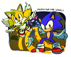 Size: 2048x1633 | Tagged: safe, artist:infizero-draws, miles "tails" prower, sonic the hedgehog, wisp, yacker, abstract background, flying, rail grinding, redraw, smile, sonic colors, trio