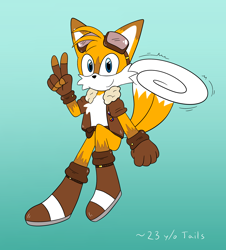 Size: 1966x2173 | Tagged: safe, artist:infizero-draws, miles "tails" prower, aged up, aviator jacket, boots, english text, fingerless gloves, flying, goggles, goggles on head, gradient background, jacket, looking at viewer, nonbinary, older, smile, solo, spinning tails, v sign