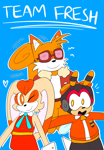 Size: 2048x2946 | Tagged: safe, artist:infizero-draws, charmy bee, cream the rabbit, miles "tails" prower, adult, aged up, alternate universe, blue background, clothes, english text, fan team, heart, nonbinary, older, outline, simple background, smile, trio, wink