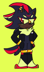 Size: 871x1402 | Tagged: safe, artist:infizero-draws, shadow the hedgehog, alternate outfit, beanbrows, blushing, boots, clothes, ear piercing, earring, eyelashes, fingerless gloves, frown, green blush, hands on hips, heterochromia, jacket, looking at viewer, nonbinary, simple background, solo, standing, tail, three eyes, yellow background