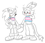 Size: 2048x1951 | Tagged: safe, artist:infizero-draws, blaze the cat, sonic the hedgehog, alternate outfit, cargo pants, clothes, crop top, cute, duo, eyes closed, face paint, femboy, gay, gay pride, hand behind head, hand on hip, holding hands, lesbian, lesbian pride, line art, looking at them, pants, pride, pride flag, simple background, skirt, smile, standing, trans female, trans male, trans pride, transgender, white background