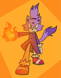 Size: 1519x1945 | Tagged: safe, artist:infizero-draws, blaze the cat, arm out, claws, fire, flame, frown, looking at viewer, one fang, solo, standing