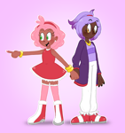 Size: 1702x1816 | Tagged: safe, artist:infizero-draws, amy rose, blaze the cat, human, amy x blaze, blushing, clothes, dark skin, duo, ear piercing, earring, frown, gradient background, holding hands, humanized, lesbian, outline, pointing, shipping, smile, standing