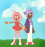 Size: 1939x2005 | Tagged: safe, artist:infizero-draws, amy rose, blaze the cat, human, abstract background, alternate version, amy x blaze, blushing, clothes, clouds, dark skin, daytime, duo, ear piercing, earring, frown, grass, holding hands, humanized, lesbian, outdoors, pointing, shipping, smile, standing
