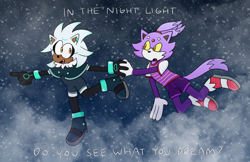 Size: 2048x1330 | Tagged: safe, artist:infizero-draws, blaze the cat, silver the hedgehog, abstract background, alternate outfit, clothes, dreams of an absolution, duo, english text, flying, holding hands, looking at each other, mouth open, pointing, song lyrics, yellow sclera
