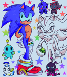 Size: 2048x2352 | Tagged: safe, artist:infizero-draws, shadow the hedgehog, sonic the hedgehog, chao, chaos emerald, character chao, dark chao, frown, grey background, group, heart, hero chao, holding something, neutral chao, nonbinary, shadow chao, simple background, smile, soap shoes, sonic chao, star (symbol), top surgery scars, trans male, transgender