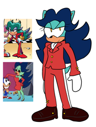 Size: 1884x2501 | Tagged: safe, artist:infizero-draws, breezie the hedgehog, clothes, flat colors, lidded eyes, redesign, reference inset, simple background, smile, solo, standing, suit, white background