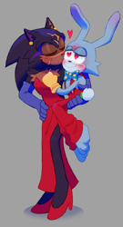 Size: 526x972 | Tagged: safe, artist:foolnamedjoey, feels the rabbit, barefoot, bowtie, clothes, dress, duo, feels x terios, gay, grey background, heart, heart eyes, heels, holding something, kiss on cheek, overalls, shipping, simple background, smile, terios the hedgehog