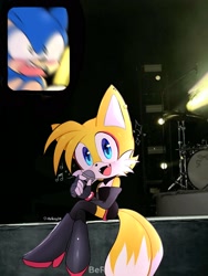 Size: 1536x2048 | Tagged: safe, artist:nekitogame67025, miles "tails" prower, sonic the hedgehog, 2024, blushing, clothes, cute, duo, fan screaming at madison beer, fangs, gay, meme, shipping, signature, sonic x tails