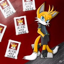 Size: 2048x2048 | Tagged: safe, artist:henriqu45242533, miles "tails" prower, nine, sonic prime, 2024, abstract background, leaning against wall, poster, smile, solo