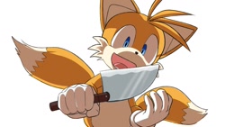 Size: 1248x702 | Tagged: safe, artist:seen023hey, miles "tails" prower, 2024, holding something, knife, shrunken pupils, simple background, solo, standing, this won't end well, white background