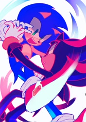 Size: 1448x2048 | Tagged: safe, artist:miko_sonic, shadow the hedgehog, sonic the hedgehog, 2024, duo, gay, holding hands, looking at each other, mouth open, shadow x sonic, shipping, smile