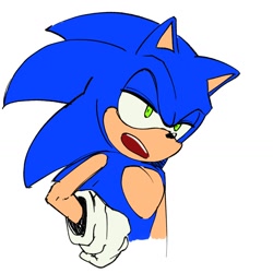 Size: 1346x1346 | Tagged: safe, artist:atonrg, sonic the hedgehog, 2024, flat colors, hand on hip, lidded eyes, looking offscreen, mouth open, simple background, solo, white background