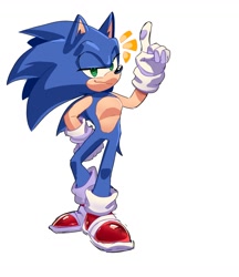 Size: 1282x1485 | Tagged: safe, artist:studiononsense, sonic the hedgehog, 2024, hands behind back, lidded eyes, looking at viewer, pointing, simple background, smirk, smug, standing, white background