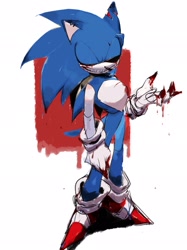 Size: 1532x2048 | Tagged: safe, artist:souexelove, sonic the hedgehog, oc, oc:sonic.exe, 2024, black sclera, blood, grin, lidded eyes, one eye closed, sharp teeth, smile, solo