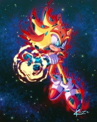 Size: 1633x2048 | Tagged: safe, artist:kaze_art, sonic the hedgehog, super sonic 2, sonic frontiers, 2024, abstract background, cyber form, cyber sonic, flying, frown, looking offscreen, signature, solo, sonic frontiers: final horizon, star (sky), super form, super transformation, transformation