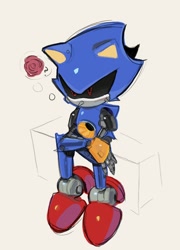 Size: 866x1200 | Tagged: safe, artist:poppuckoa, metal sonic, 2024, black sclera, grey background, question mark, robot, rose, simple background, sitting, solo, thinking, thought bubble