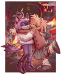 Size: 881x1063 | Tagged: safe, artist:maitroll, amy rose, blaze the cat, cat, hedgehog, 2024, amy x blaze, cute, eyes closed, female, females only, hugging, lesbian, shipping, smile
