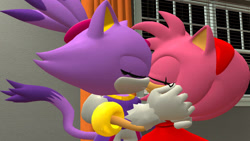 Size: 1920x1081 | Tagged: safe, artist:sonicthecoolkid, amy rose, blaze the cat, cat, hedgehog, 2024, 3d, amy x blaze, amy's halterneck dress, blaze's tailcoat, cute, eyes closed, female, females only, kiss, lesbian, shipping