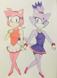 Size: 1280x1749 | Tagged: safe, artist:mikumydearest, amy rose, blaze the cat, cat, hedgehog, 2019, amy x blaze, cute, female, females only, gymnastic outfit, lesbian, looking at viewer, shipping, traditional media