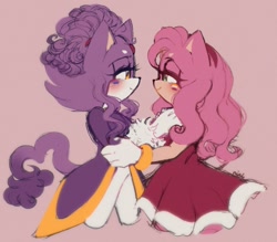 Size: 1267x1108 | Tagged: safe, artist:oatmeals_, amy rose, blaze the cat, 30 days sonic, 2024, amy x blaze, amybetes, bisexual pride, blazebetes, blushing, cute, duo, face paint, hands on shoulders, heart tail, lesbian, lesbian pride, lidded eyes, pride, shipping, signature, simple background