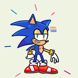 Size: 2048x2048 | Tagged: safe, artist:amethyst4041, sonic the hedgehog, 2024, aro ace pride, bisexual pride, face paint, green background, lidded eyes, looking at viewer, pride, simple background, smile, solo, standing, top surgery scars, trans male, transgender