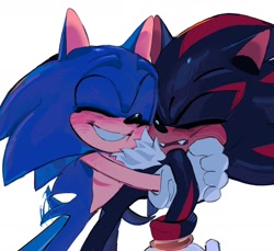 Size: 1560x1431 | Tagged: safe, artist:s0nadow, shadow the hedgehog, sonic the hedgehog, 2024, cute, duo, eyes closed, fangs, gay, hugging, mouth open, shadow x sonic, shadowbetes, shipping, simple background, smile, sonabetes, standing, top surgery scars, trans male, transgender, wagging tail, white background