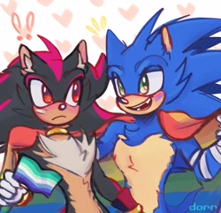 Size: 2048x1977 | Tagged: safe, artist:k_pchellka, shadow the hedgehog, sonic the hedgehog, 2024, agender, agender pride, bisexual, bisexual pride, cape, duo, exclamation mark, face paint, flag, frown, gay, gay pride, heart, holding something, looking at each other, mlm pride, pride, shadow x sonic, shipping, simple background, smile, white background