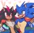 Size: 2048x1977 | Tagged: safe, artist:k_pchellka, shadow the hedgehog, sonic the hedgehog, 2024, agender, agender pride, agender shadow, bi sonic, bisexual, bisexual pride, cape, duo, exclamation mark, face paint, flag, frown, gay, gay pride, gay shadow, heart, holding something, looking at each other, mlm pride, pride, shadow x sonic, shipping, simple background, smile, white background