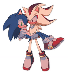 Size: 1379x1471 | Tagged: safe, artist:kuun_00, shadow the hedgehog, sonic the hedgehog, super shadow, 2024, blushing, carrying them, duo, frown, gay, looking at them, looking down, shadow x sonic, shipping, simple background, super form, white background