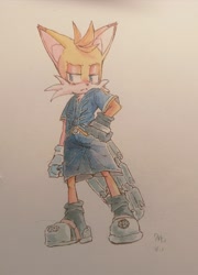 Size: 1474x2048 | Tagged: safe, artist:nyanman0526, miles "tails" prower, nine, sonic prime, 2024, frown, looking offscreen, solo, standing, traditional media