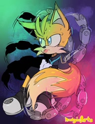 Size: 736x952 | Tagged: safe, artist:hec_nine, miles "tails" prower, nine, sonic prime, 2024, abstract background, arms folded, signature, sitting, solo, tongue out