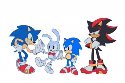 Size: 1800x1200 | Tagged: safe, artist:sath_chocowal, feels the rabbit, shadow the hedgehog, sonic the hedgehog, 2024, arms folded, classic sonic, frown, group, high five, looking at each other, looking at them, self paradox, simple background, smile, standing, white background