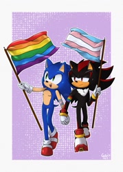 Size: 1463x2048 | Tagged: safe, artist:astralcato, shadow the hedgehog, sonic the hedgehog, 2024, armband, duo, flag, gay, gay pride, holding hands, pride, pride flag, shadow x sonic, shipping, signature, smile, top surgery scars, trans male, trans pride, transgender, walking