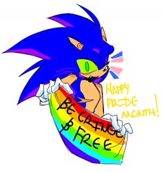 Size: 1170x1246 | Tagged: safe, artist:bluujays_, sonic the hedgehog, 2024, english text, gay pride, green sclera, holding something, mouth open, pride, simple background, smile, solo, top surgery scars, trans male, trans pride, transgender, white background, wink
