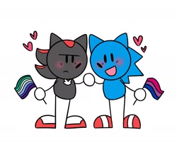 Size: 1800x1500 | Tagged: safe, artist:fanneyplum, shadow the hedgehog, sonic the hedgehog, 2024, bisexual, bisexual pride, blushing, cute, duo, flag, frown, gay, heart, holding hands, holding something, looking at viewer, mlm pride, pride, pride flag, shadow x sonic, shadowbetes, shipping, simple background, smile, sonabetes, standing, stick arms, stick legs, white background