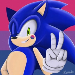 Size: 400x400 | Tagged: safe, artist:sonikku's girl, sonic the hedgehog, 2024, bisexual, bisexual pride, hand on hip, icon, lineless, looking at viewer, pride, pride flag, pride flag background, signature, smile, solo, v sign, wink