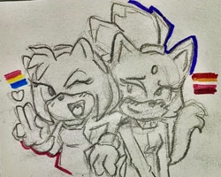 Size: 2048x1638 | Tagged: safe, artist:maberbie03, amy rose, blaze the cat, 2024, amy x blaze, blushing, duo, heart, leaning on them, lesbian, lesbian pride, line art, looking at them, looking at viewer, pansexual, pansexual pride, pencilwork, pride, shipping, sketch, smile, traditional media, wink