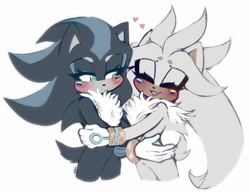 Size: 1250x961 | Tagged: safe, artist:oatmeals_, mephiles the dark, silver the hedgehog, 2024, beanbrows, blushing, cute, duo, face paint, fluffy, gay, heart, holding each other, looking at them, mephilbetes, mephilver, mlm pride, nonbinary, nonbinary pride, shipping, silvabetes, simple background, smile, white background