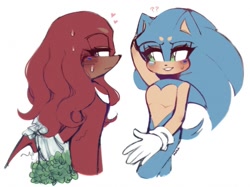 Size: 1265x948 | Tagged: safe, artist:oatmeals_, knuckles the echidna, sonic the hedgehog, 2024, beanbrows, bisexual, bisexual pride, cute, duo, face paint, flower bouquet, frown, gay, hands behind back, heart, heart chest, holding something, knucklebetes, knuxonic, lidded eyes, looking at them, looking away, pride, question mark, shipping, simple background, smile, sonabetes, standing, sweatdrop, trans male, trans pride, transgender, white background