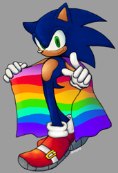 Size: 597x872 | Tagged: safe, artist:gnarpsilly, sonic the hedgehog, 2024, flag, gay pride, grey background, holding something, looking at viewer, pointing, pride, pride flag, simple background, smile, solo, standing