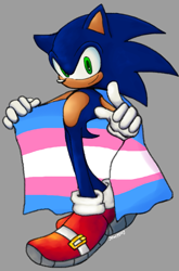 Size: 577x874 | Tagged: safe, artist:gnarpsilly, sonic the hedgehog, 2024, alternate version, flag, grey background, holding something, looking at viewer, pointing, pride, pride flag, simple background, smile, solo, standing, trans pride