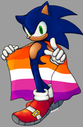 Size: 571x869 | Tagged: safe, artist:gnarpsilly, sonic the hedgehog, 2024, alternate version, flag, grey background, holding something, lesbian pride, looking at viewer, pointing, pride, pride flag, simple background, smile, solo, standing