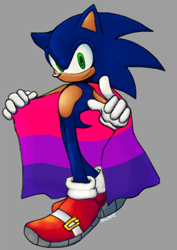 Size: 618x874 | Tagged: safe, artist:gnarpsilly, sonic the hedgehog, 2024, alternate version, bisexual pride, flag, grey background, holding something, looking at viewer, pointing, pride, pride flag, simple background, smile, solo, standing