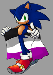 Size: 609x868 | Tagged: safe, artist:gnarpsilly, sonic the hedgehog, 2024, alternate version, asexual pride, flag, grey background, holding something, looking at viewer, pointing, pride, pride flag, simple background, smile, solo, standing