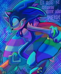 Size: 1707x2048 | Tagged: safe, artist:chantuchi, sonic the hedgehog, 2024, abstract background, cape, cheek fluff, gay pride, looking ahead, looking offscreen, pride, shoulder fluff, smile, solo, spanish text, trans pride